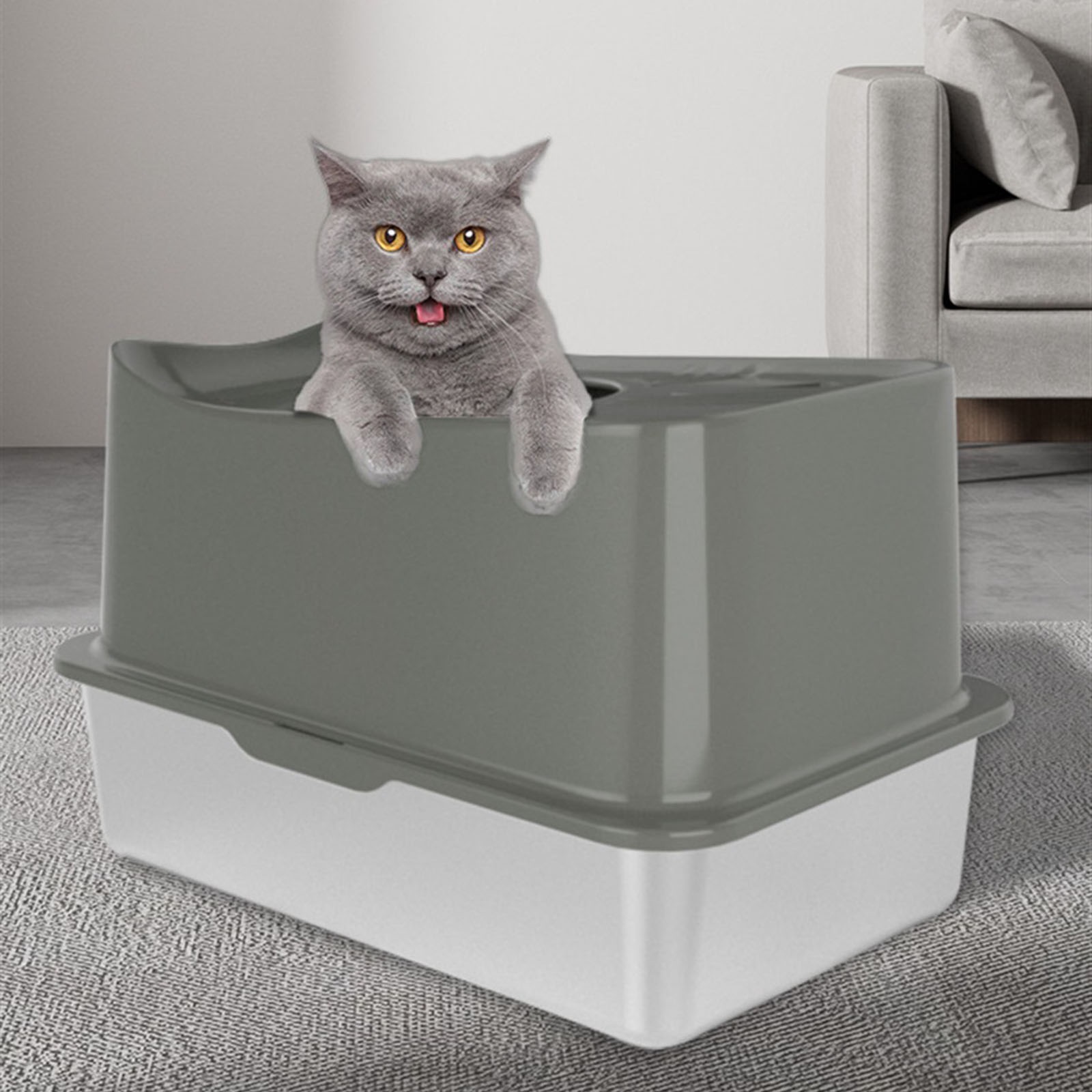 Stainless Steel Cat Litter Box Top Entry XL with Lid, Metal Litter Box with Scoop for Big Cats, Non-Sticky, Easy Clean