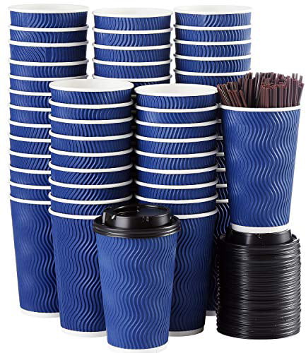 Togo Hot Paper Coffee Cup with Lid To Go for Beverages Espresso Tea Insulated Reusable Cold Drinks Ripple Cups Protect Fingers From Heating 90 Set 16 oz Disposable Coffee Cups with Lids and Straws 