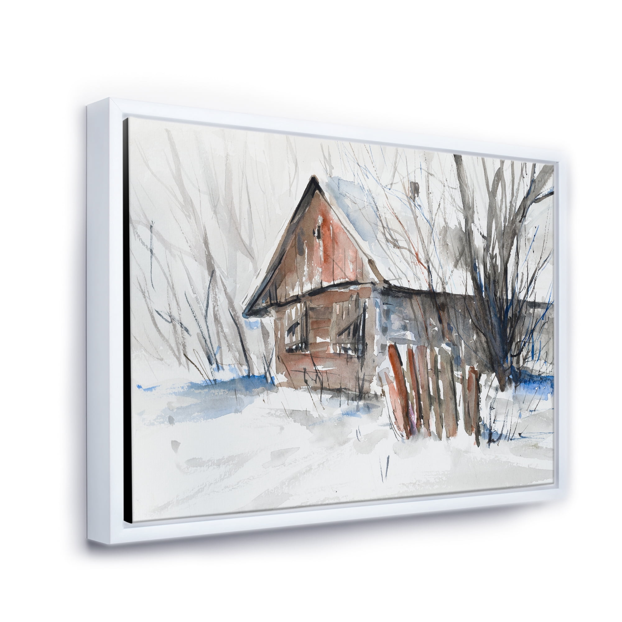 Designart 'Old Abandoned Wooden House In Winter Snow Picture' Traditional Framed Canvas Wall Art Print