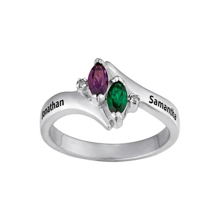 Personalized Sterling Silver Couple's Marquise Birthstone Name Ring with Diamond Accent