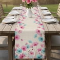 thumbnail image 4 of Blue Pink Flowers Table Runner - 72 Inch Long Spring Garden Floral Rustic Burlap Cotton and Linen Blended Dress Scarves Farmhouse Table Runner for Kitchen Dining, Coffee Table, 13" x 72", 4 of 8