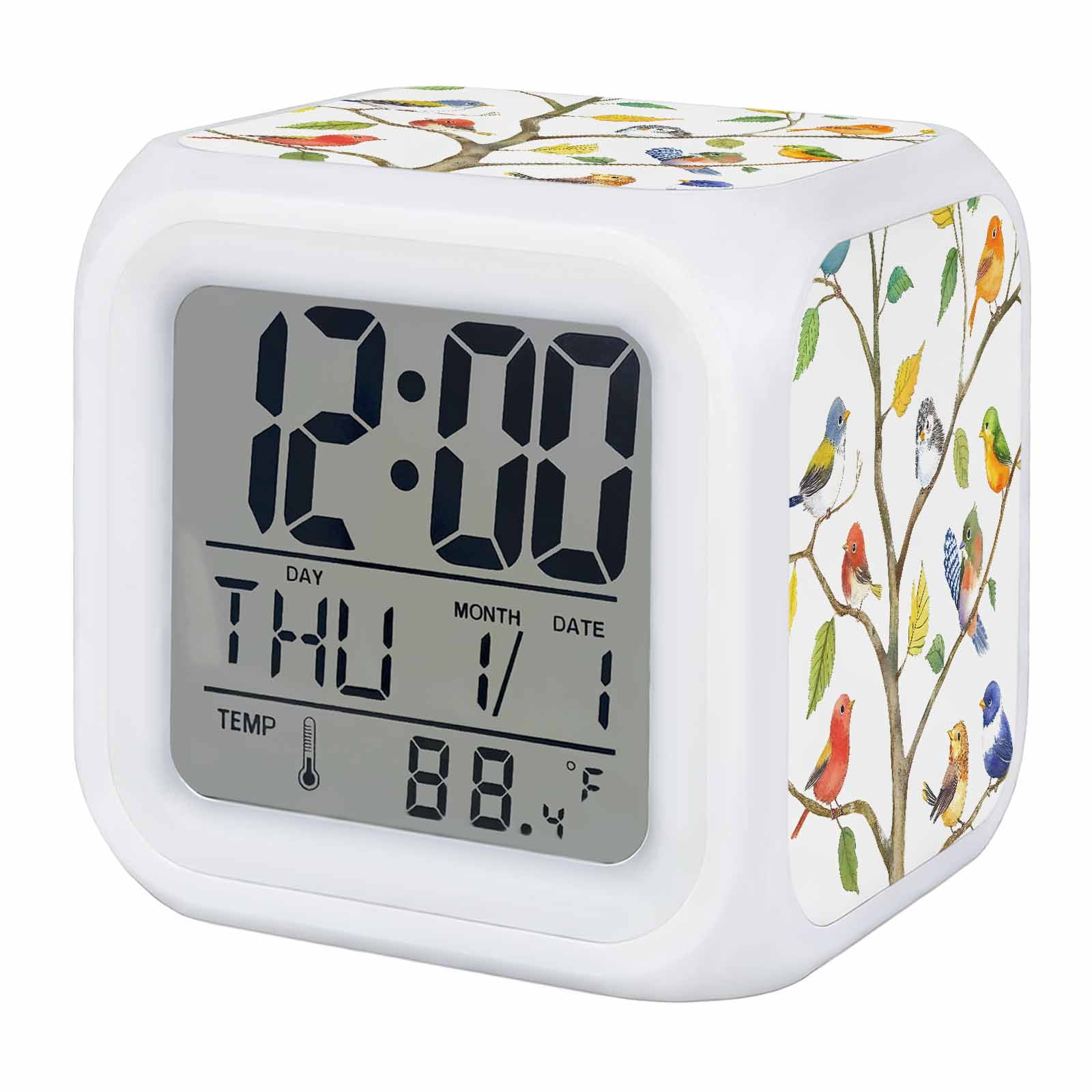 Watercolor Bird Digital Alarm Clock for Bedrooms, Smart LED Alarm Clock with 7 Color Changing Night Light, Modern Spring Branch Colorful Leaf Silent Wake Up Clocks for Sleep Study Cooking 3.2x3.2