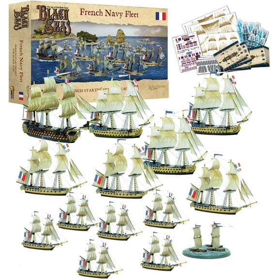 Wargames Delivered – Black Seas, French Navy Fleet (1770-1830) Battle Game Set WW2 Action Figures Include 13 Ships, 6 Figureheads, Game Cards, Digital Bundle - Battleship Model Kit by Warlord Games