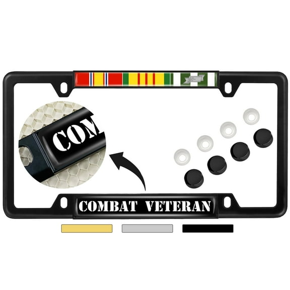 Vietnam Combat Veteran 3 Service Ribbons - Domed Custom-Made Personalized Narrow (Thin) Top 4 Hole Metal Car License Plate Frame with Free caps - Black Frame (Qty: 1)