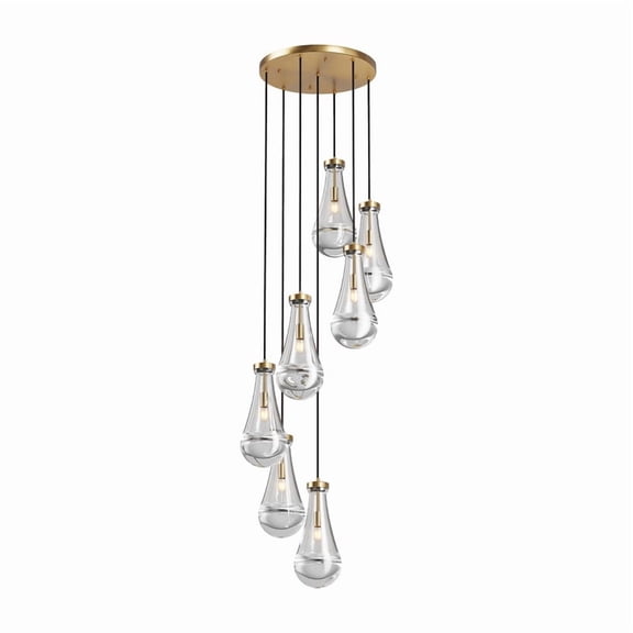 TICOZE Modern 7-Light Brass Pendant Light for High Ceilings, Adjustable Large Chandelier with Raindrop Glass for Dining Room, Kitchen Island, Foyer (Bulbs Not Included)