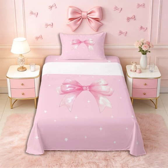 Erosebridal Teens Cute Watercolor Bow Twin Sheet Sets 3pcs,Girls Kids Cartoon Stars Print Bow Knot Bedding,Breathable Home Decor