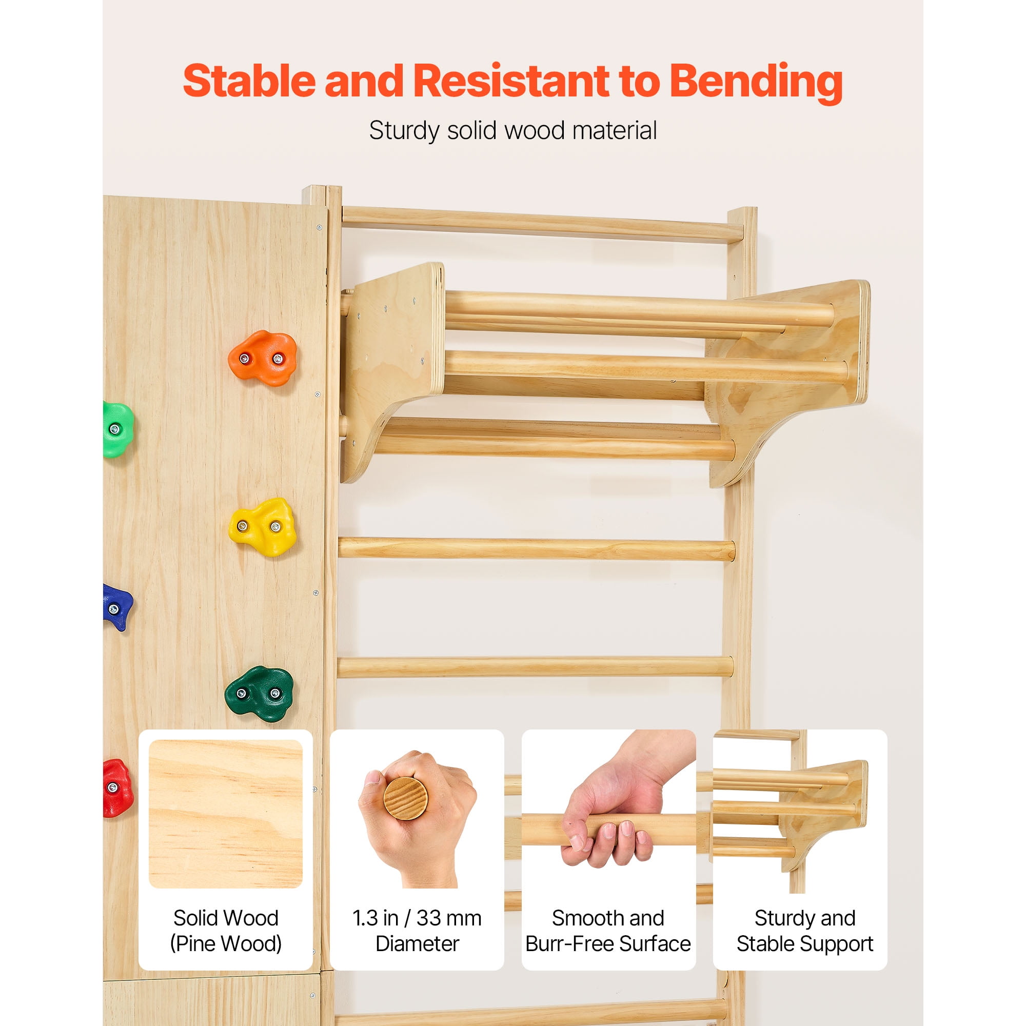 KFFKFF Swedish Ladder Wall Gym, 9-in-1 Adjustable Wooden Gymnastic Stall Bars for Kids and Adults, 220LBS Indoor Fitness Station with Climbing Wall, Rings, Pull-Up Bar, Slide, Swing, and More