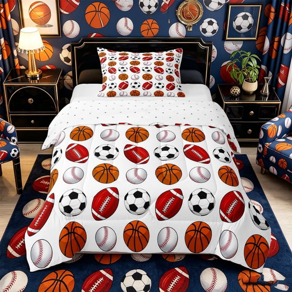 Castle Fairy Basketball Soccer Football Baseball Twin Comforter Sets 2pcs, Sport Ball Game Bedding Set, Multicolor White,1 Comforter and 1 Pillowcase