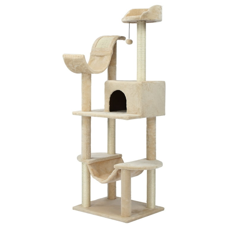 Finether Cat Tree house Cat Tree tower 60.5 High 5 Tier Cat Tree Tower Furniture Kitten Playhouse with Sisal Covered Scratching Posts Hammock Perches Platform and Dangling Ball Beige Walmart