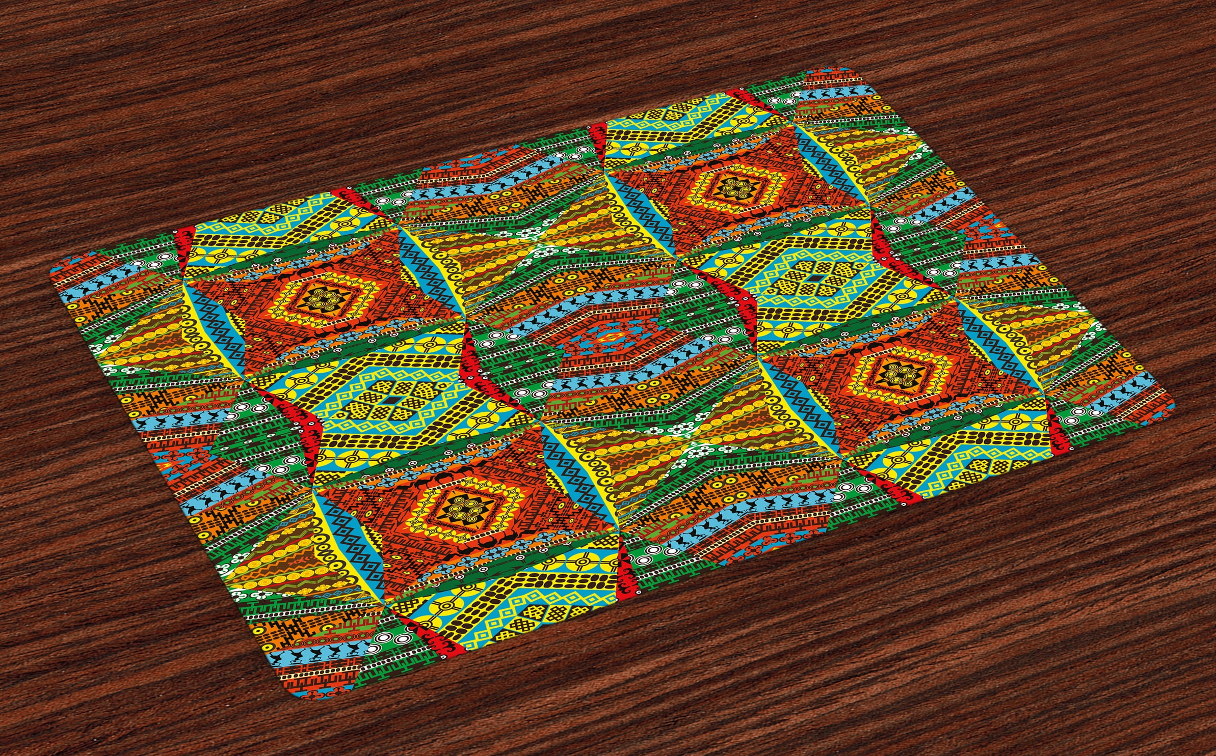 African Placemats Set of 4 Collage of Ethnic Native Motifs Ancient Art