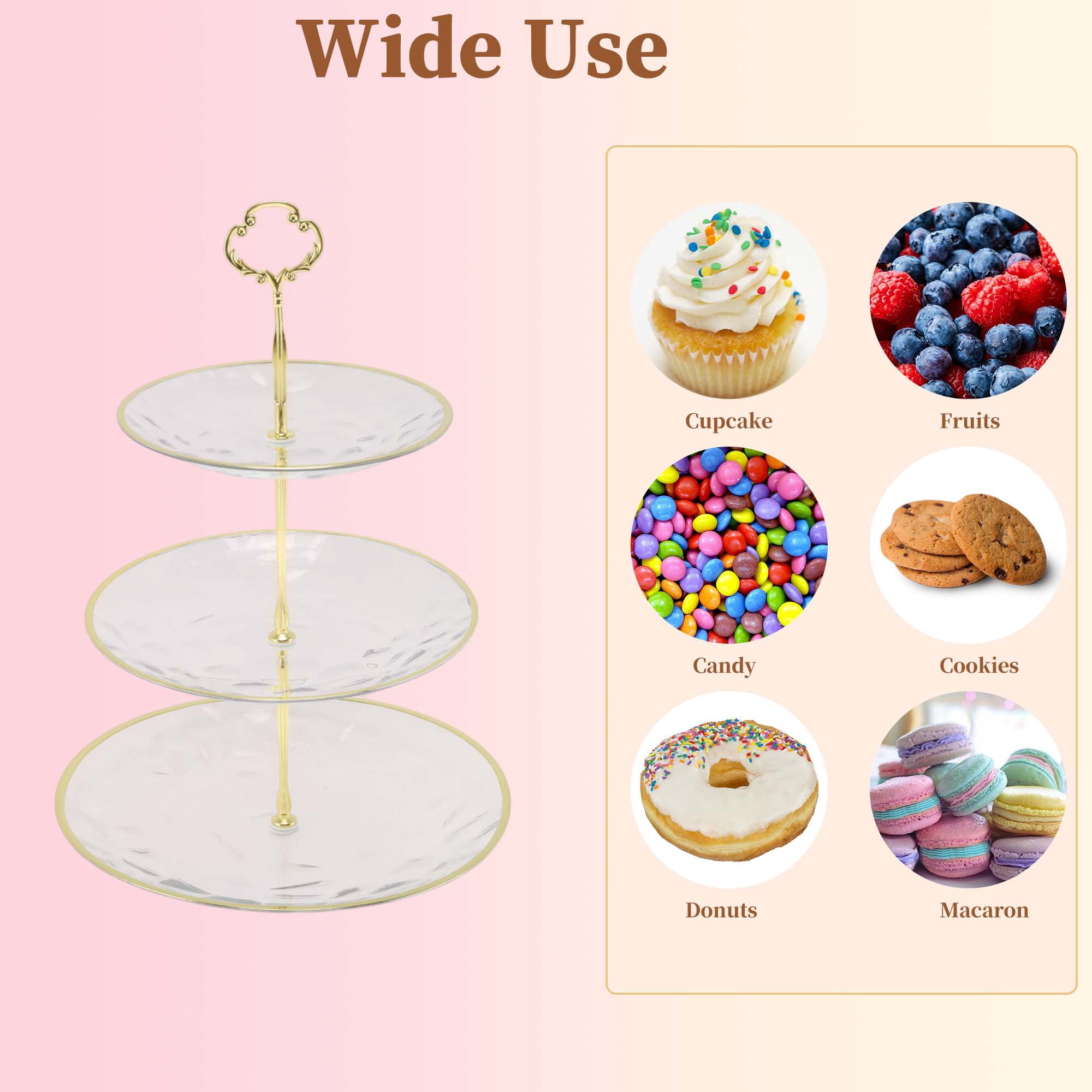 Unique Bargains 3 Tier Dessert Cupcake Stand Holder for Donut Clear Gold Tone