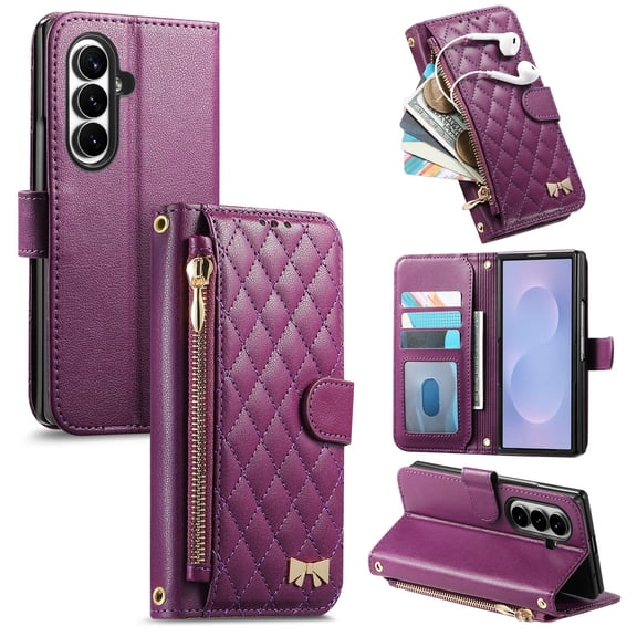 Dteck Magnetic Zipper Wallet Pocket Case For Samsung Galaxy Z Fold 8 Ultra, Shockproof PU Leather Card Slots Cash Holder Kickstand Folio Phone Cover, Purple