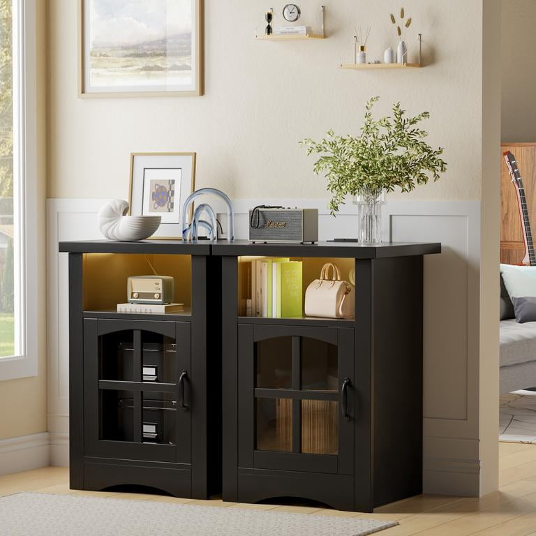 Lacoo End Table Set of 2 with LED Lights & Power Outlet, Side Table with Glass Door for Living Room, Nightstand with Storage for Bedroom, Black