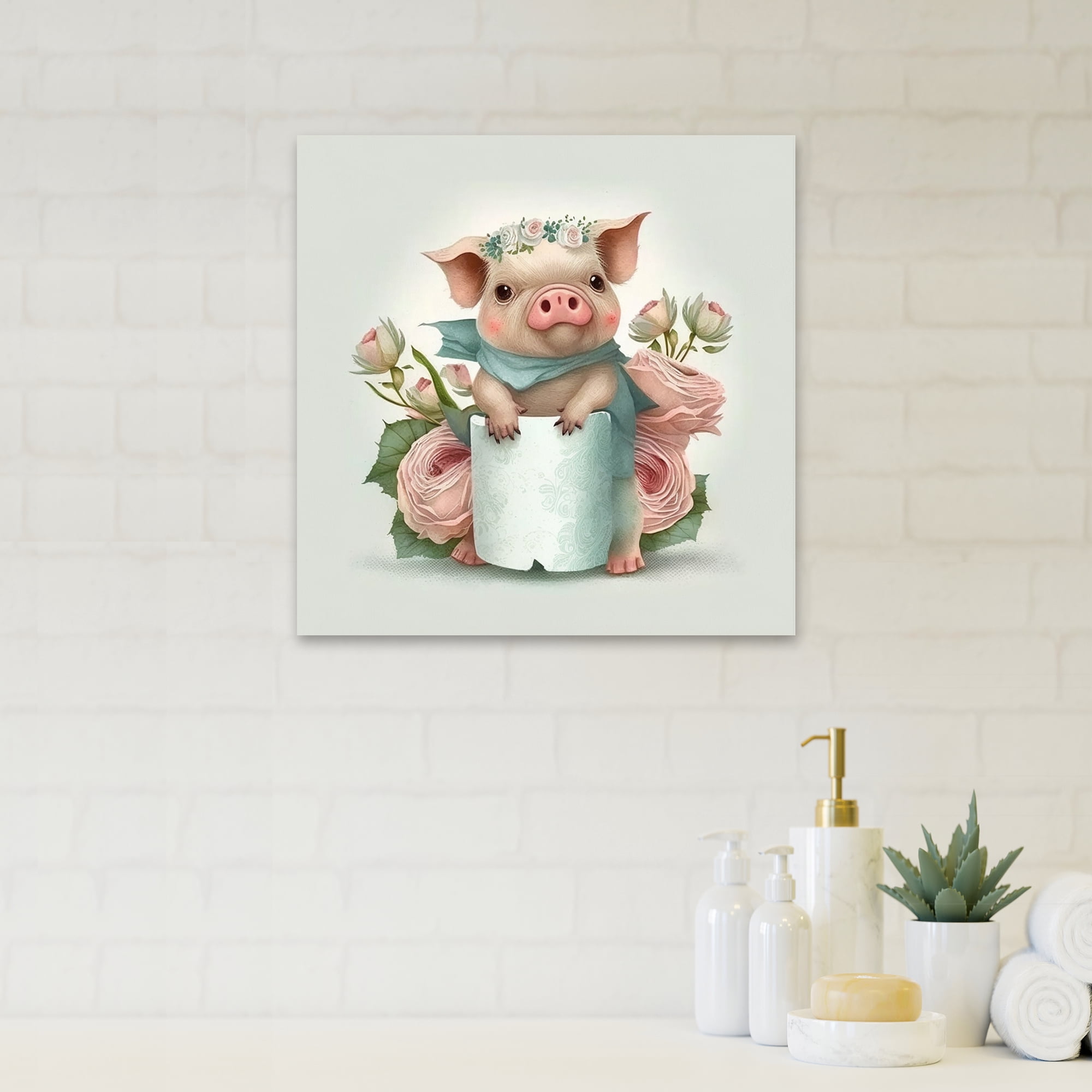 Designart Pig With Roll Of Toilet Paper And Flowers II Canvas Wall Art