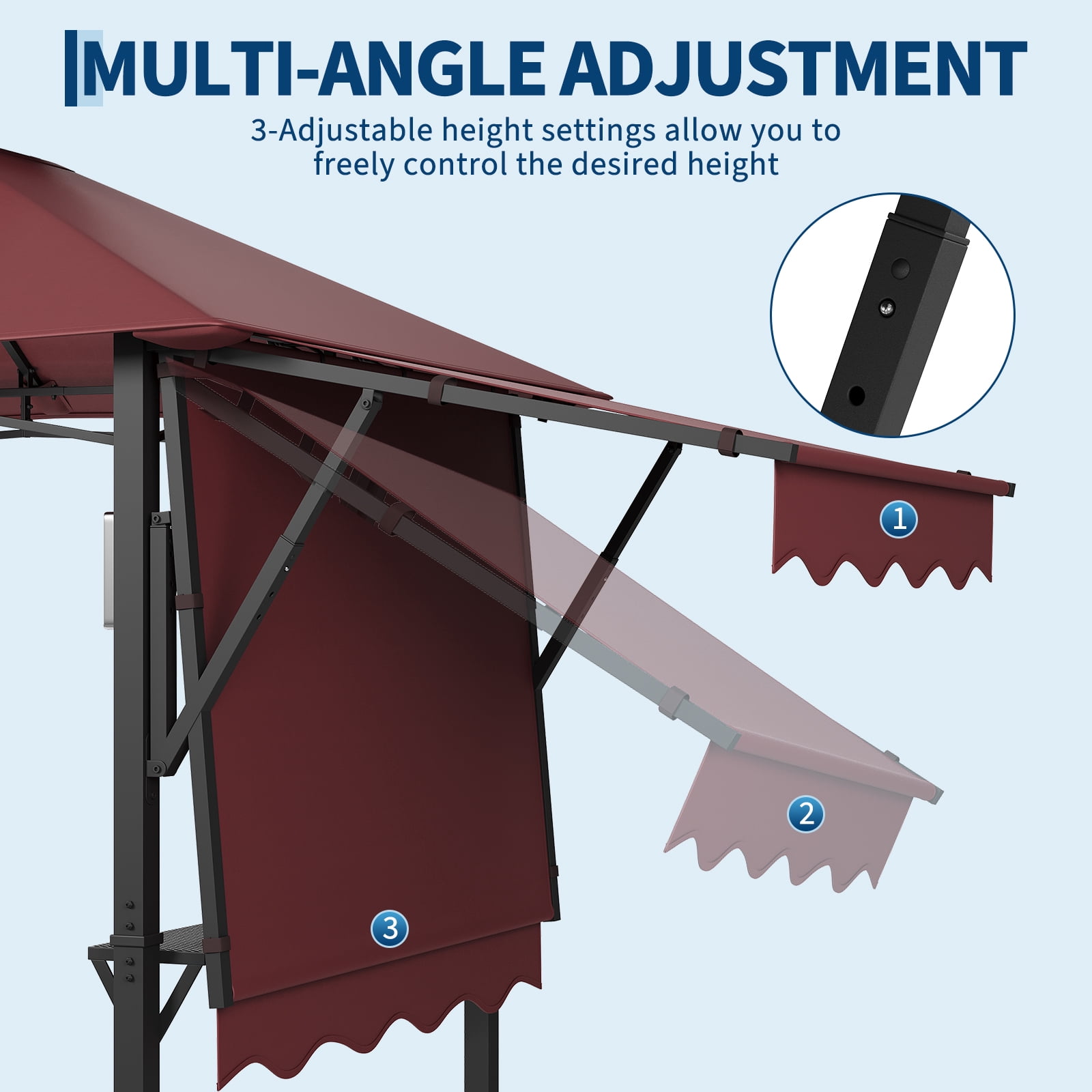 Kicctian 8x5 ft Heavy Duty Grill Gazebo for Outdoor BBQ, Double-Tier Steel Patio Shelter with Adjustable Dual Side Awnings, 2 Utility Shelves, Hooks and 4 LED Lights, for Backyard, Camping, Wine Red