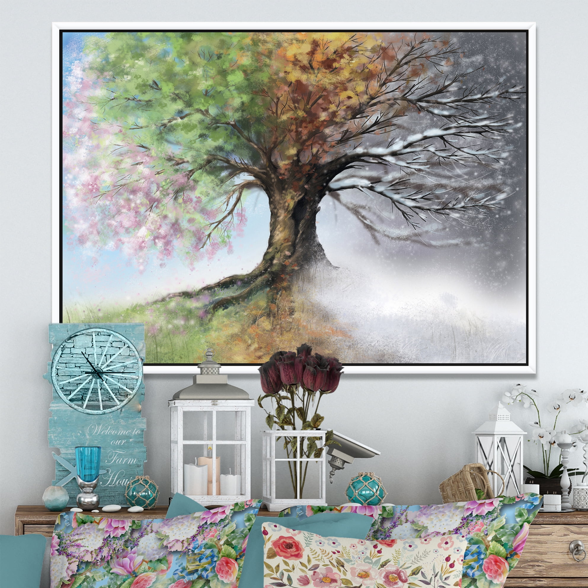 Designart ' Tree with Four Seasons ' Tree Painting Framed Canvas Art Print