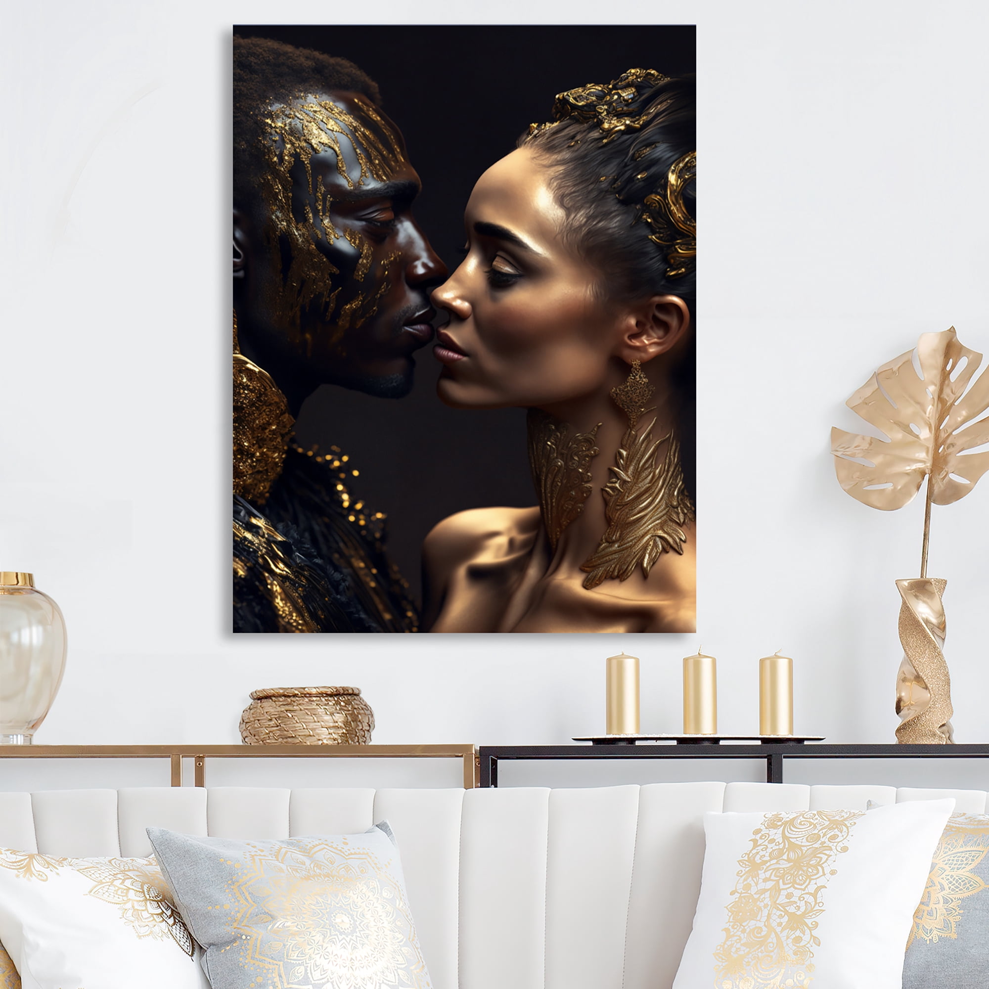Designart Gold African Amercian Couple Kissing Canvas Wall Art
