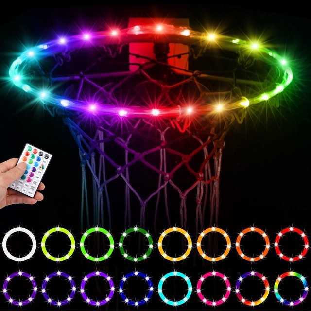 LED Colorful Basketball Hoop Light with RGB and white LED strip lights designed for basketball rims. The waterproof outdoor lighting features vibrant color-changing modes like fade, jump, and strobe, controlled by a remote. Perfect for nighttime basketball games and training.
