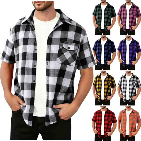 Miluxas Mens Short Sleeve Button Down Shirt Plaid Button Up Shirts Casual Work Shirts Yellow XL(XL)