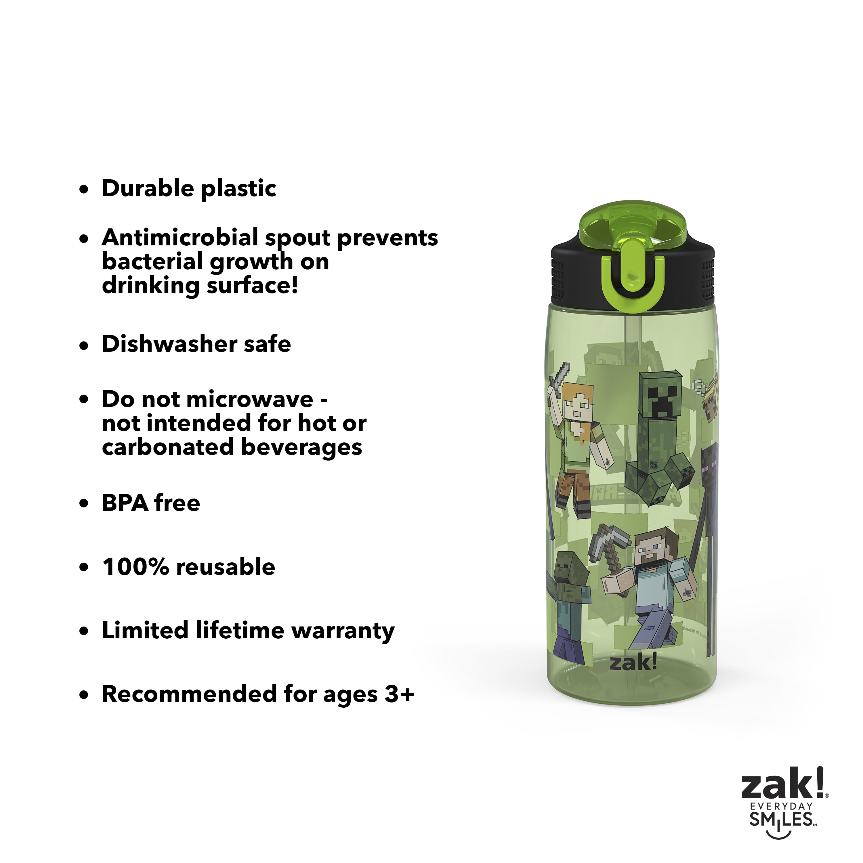Zak Designs 25oz Minecraft Kids Straw Water Bottle, Durable Plastic Park Bottle with Easy-Open Locking Spout Cover for Travel, Built in Carry Handle