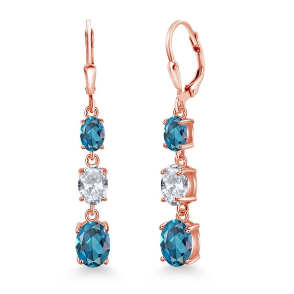 Gem Stone King 18K Rose Gold Plated Silver London Blue Topaz 3 Stone Dangle Earrings for Women (6.20 Cttw, Gemstone November Birthstone, Oval 8X6MM, 7X5MM and 6X4MM)