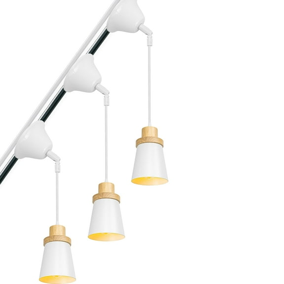 KAYYELAMP 3-Pack Slope Position Roof Track Light H-Type Wood Base White Metal Dia 5.1" Shade Adjusted Cord Vintage Pendant Lighting for Kitchen Bar Dining Room (No Bulb, Track)