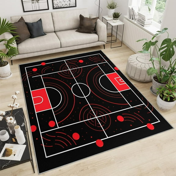 Basketball Rug Red Basketball Sports Area Rugs Basketball Court Carpet Symmetrical Striped Geometric Rug Simple Printed Carpet For Bedroom Living Room 4x6ft