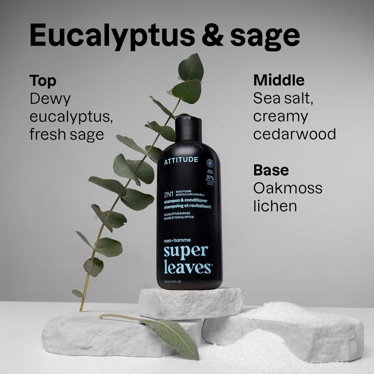 ATTITUDE super leaves, 2N1 Shampoing & Revitalisant Soin du Cuir Chevelu, Sauge & Eucalyptus 414 ml
