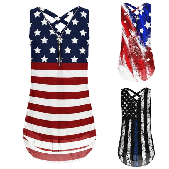 ibiyuan 4th of July Tank Tops for Women USA 250th Anniversary Sleeveless Patriotic T-Shirt American Flag Graphic Summer Tops with Zipper
