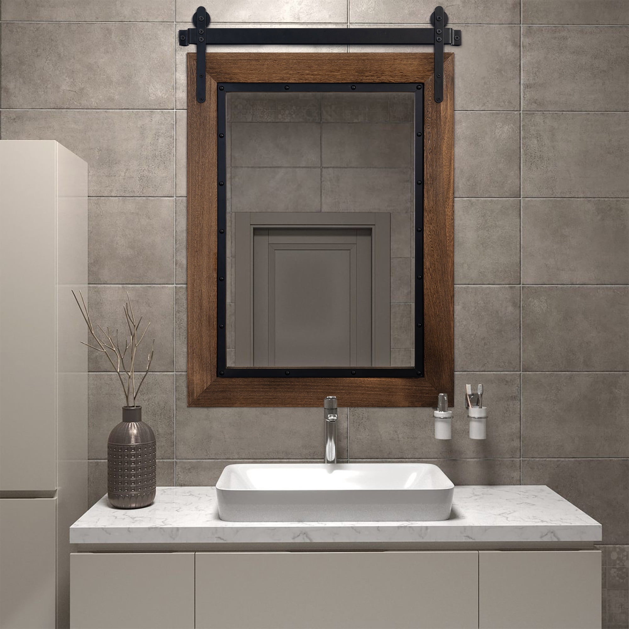 YOSHOOT Farmhouse Barn Door Mirror,32"x24" Rustic Bathroom Mirror, Wood Frame Wall Mirror, Wooden Mirror for Living Room Bedroom Entryway Wall Décor