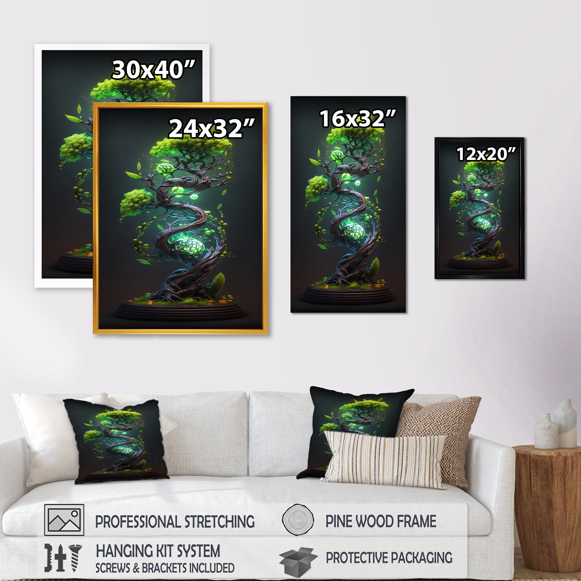 Designart Bonsai Swirl Tree Neon I Canvas Wall Art