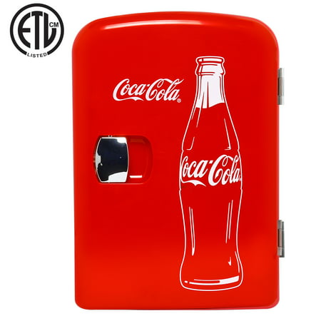 Classic Coca Cola 4 Liter/6 Can Portable Fridge/Mini Cooler for Food, Beverages, Skincare - Use at Home, Office, Dorm, Car, Boat - AC & DC Plugs Included