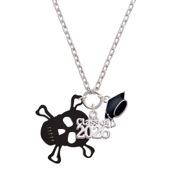 Delight Jewelry Acrylic Large Black Skull - Silvertone Class of 2026 Graduation Zoey Charm Necklace, 28"
