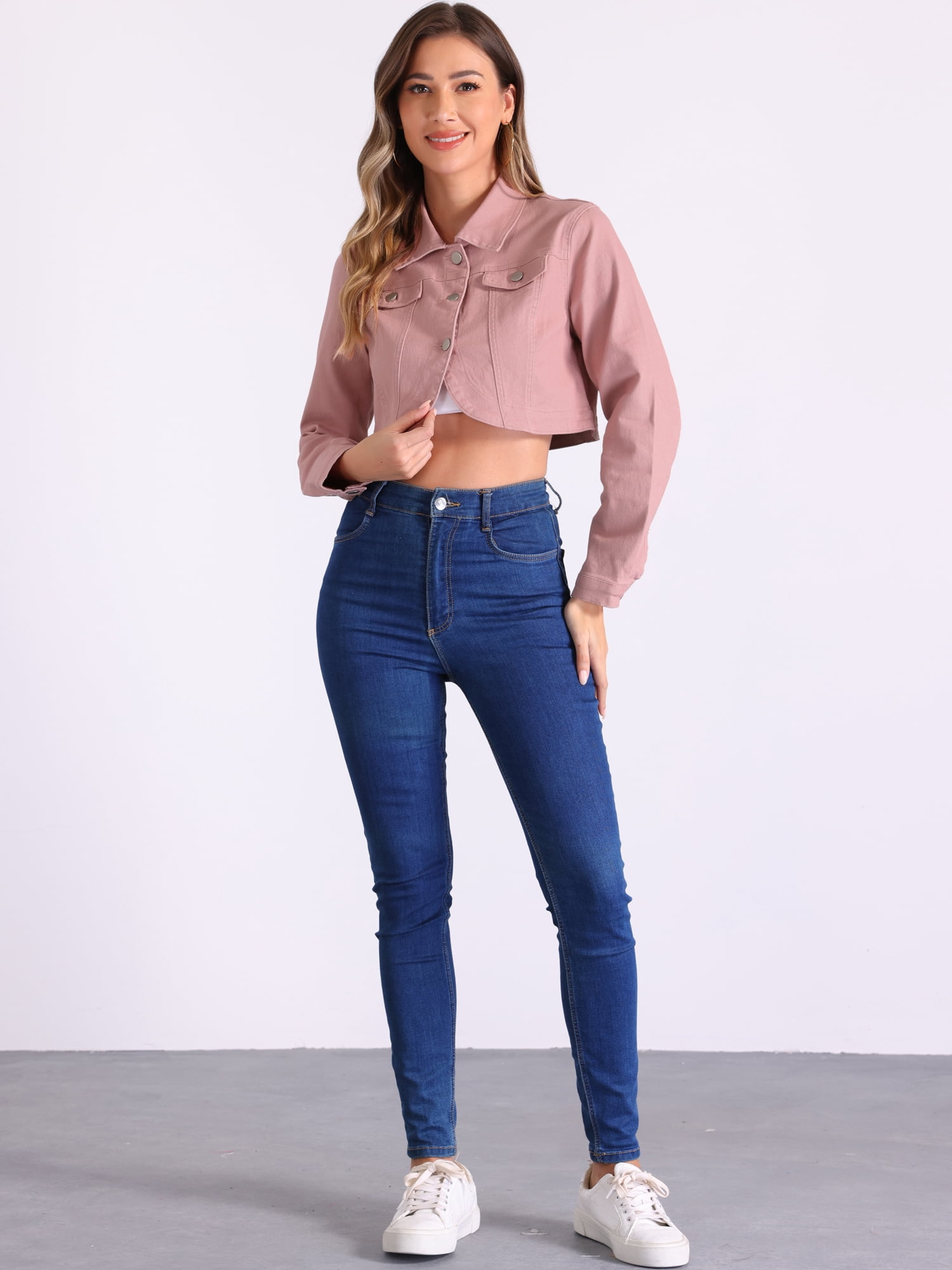 DARING DIVA Women's Denim Jacket Collared Long Sleeve Crop Jean Jackets M Pink