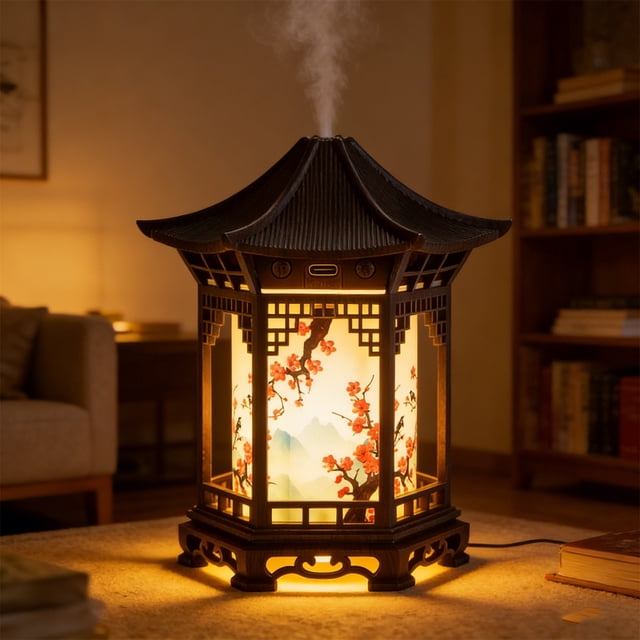 Difusor de Aroma Estilo Jardín Japonés de 160 Ml con Luz Nocturna Tipo Pagoda, Humidificador de Niebla Fría con 2 Modos de Niebla, Difusor de Fragancia Silencioso para Yoga, Recámara, Relajación y