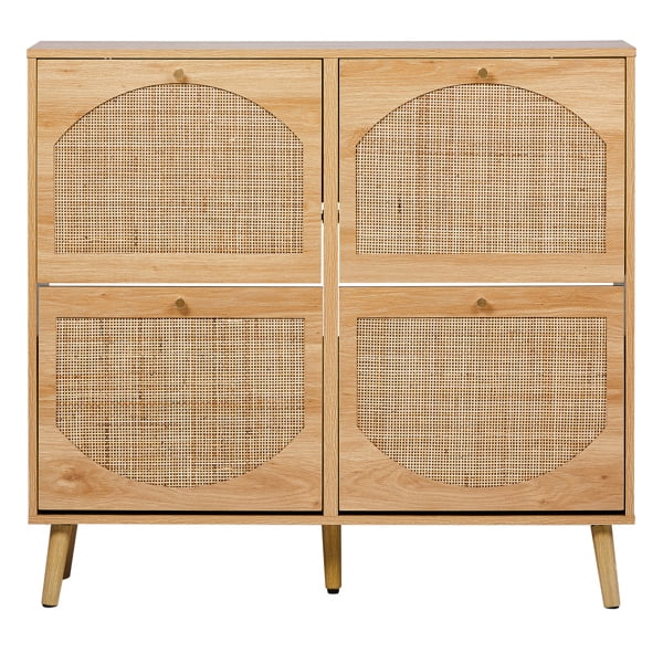 AsterOutdoor 2-tier Flip-Down Shoe Cabinet Natural Rattan Arched Front 8 Compartments MDF with Melamine, High Legs for Entryway
