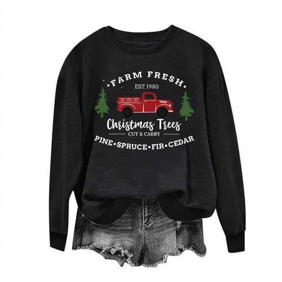 Retro Vintage Farm Fresh Christmas Trees Red Truck Graphic Women Sweatshirt Funny Holiday Pullover Top