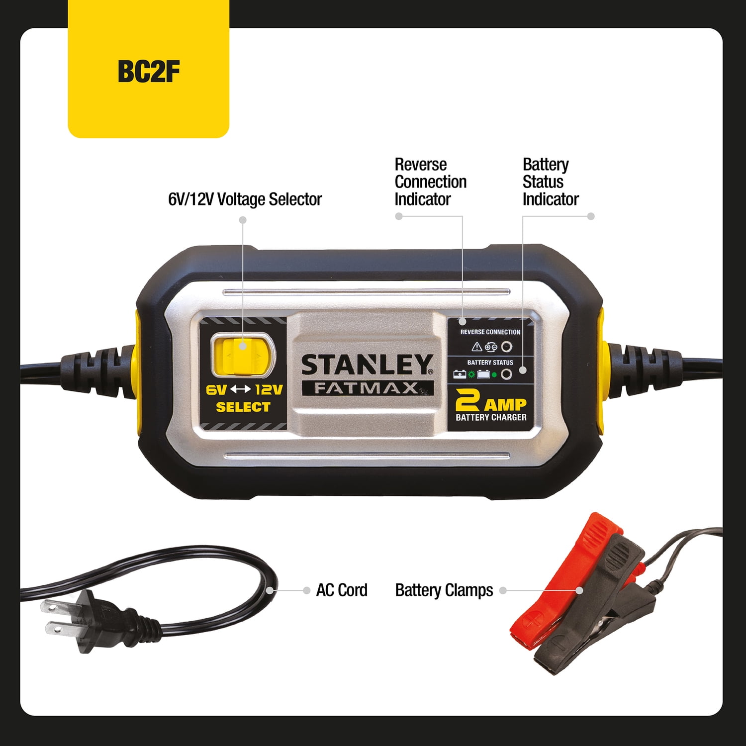 STANLEY FATMAX 2-Amp 6-Volt/12-Volt Automatic Battery Charger/Maintainer for Lead-Acid Batteries