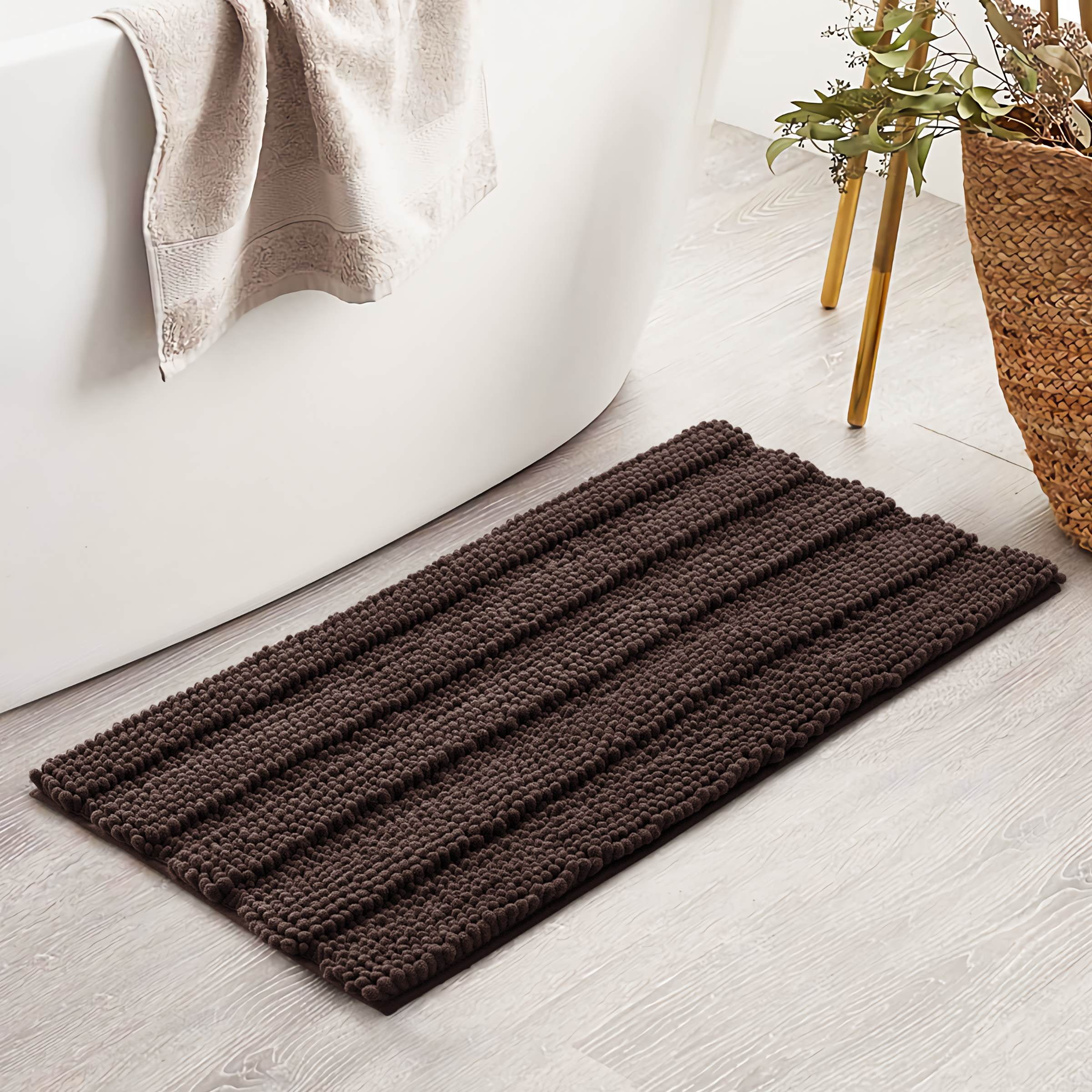 Subrtex Bathroom Rugs Non-Slip Chenille Soft Striped Plush Bath Mat (Chocolate, 20"x32")
