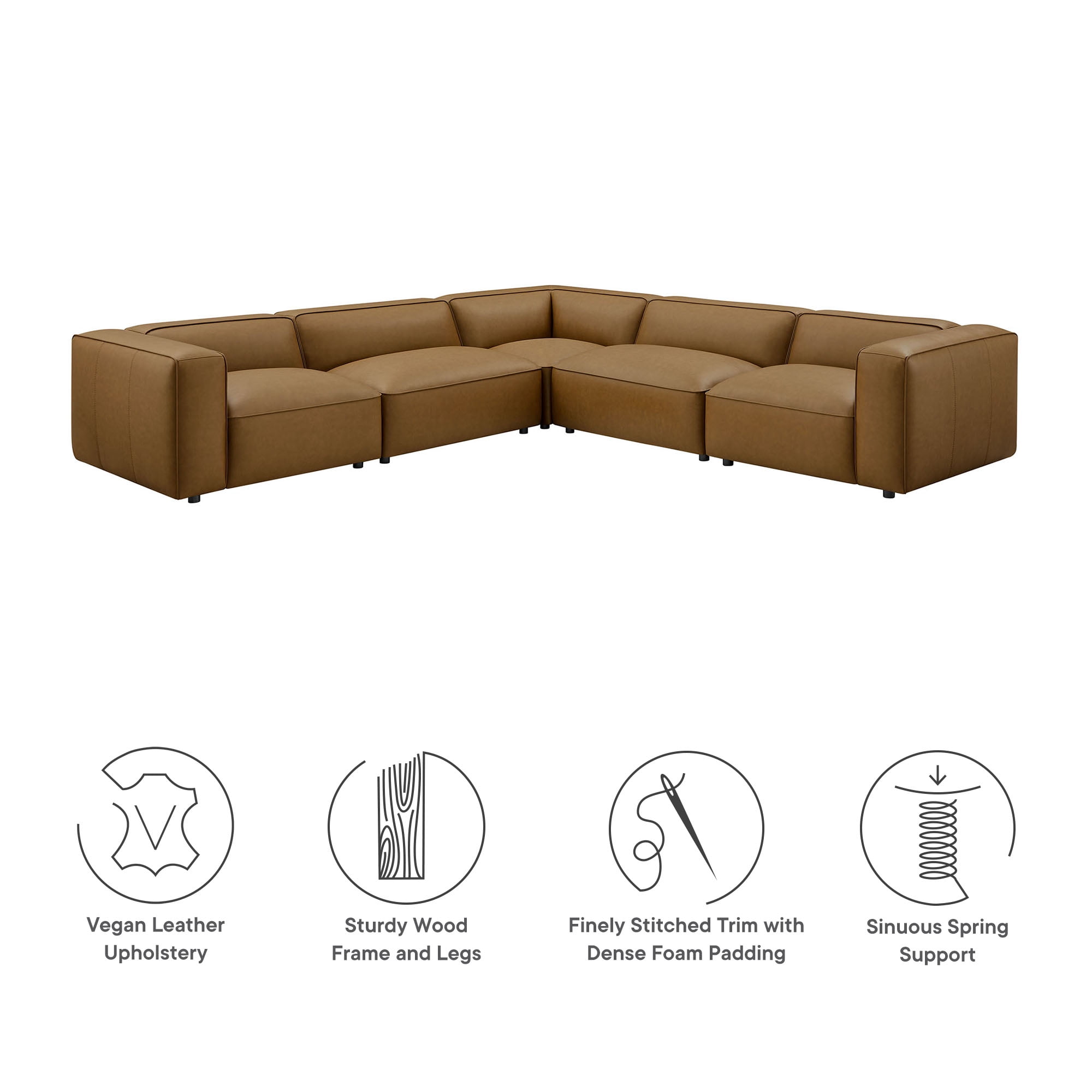Modway Auren 5-Piece Vegan Leather Upholstered L-Shaped Sofa in Camel