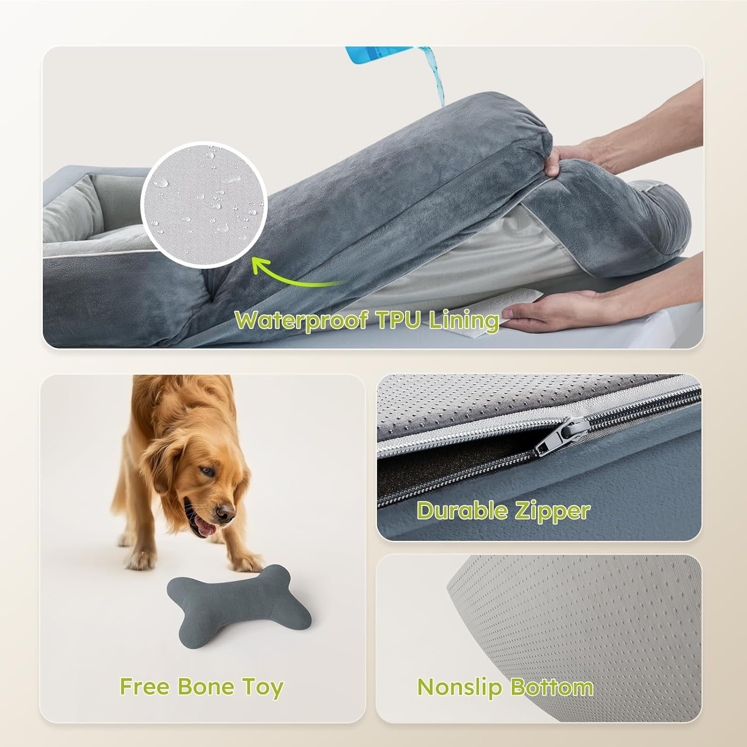 XXL Dog Bed for Extra Large Dogs, Giant Orthopedic Dog Bed with Cooling Gel Memory Foam, Waterproof Pet Bed with Removable Washable Cover, 53" Pet Sofa Bed Dutch Velvet with Bone Toy, Dark Grey