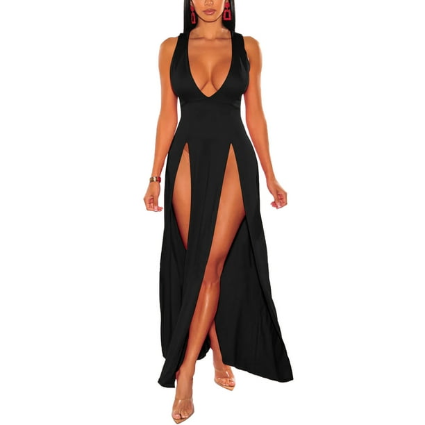 Sexy High Neck Sleeveless High Slit Cut Out Maxi Dress - Black