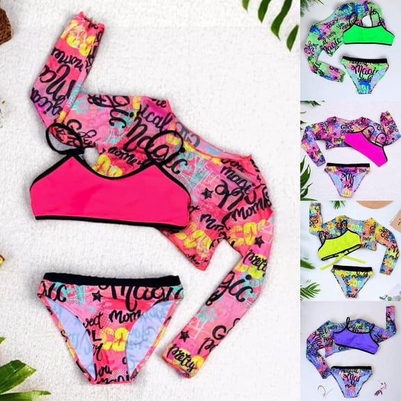 RTKFRFLM Girls 3-Piece Floral Swimsuit Set Colorful Print Bikini with Mesh Cover-up Jacket for Kids Summer Bathing Suit