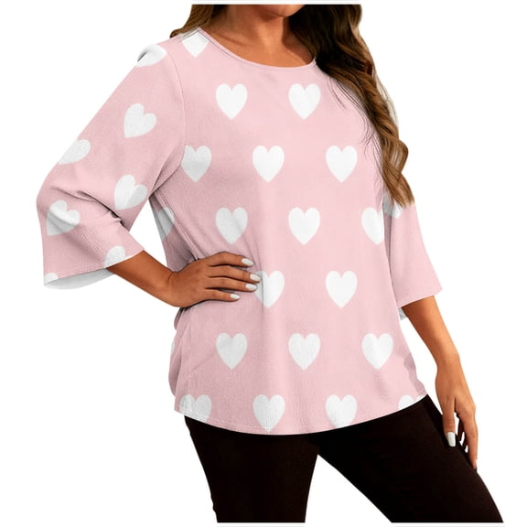 Xdegoge 3/4 Sleeve Tops for Women Plus Size Valentines Day Heart Print Casual Crew Neck Oversized Blouse Everyday Wear