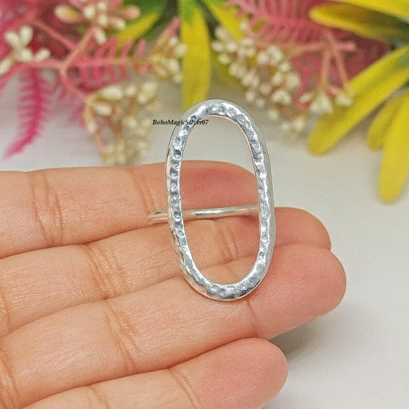 SS DESIGNS Hammered Oval Silver Ring - Handmade Boho Statement Fashion Jewelry, Minimalist Oxidized Silver Plated Band for Women