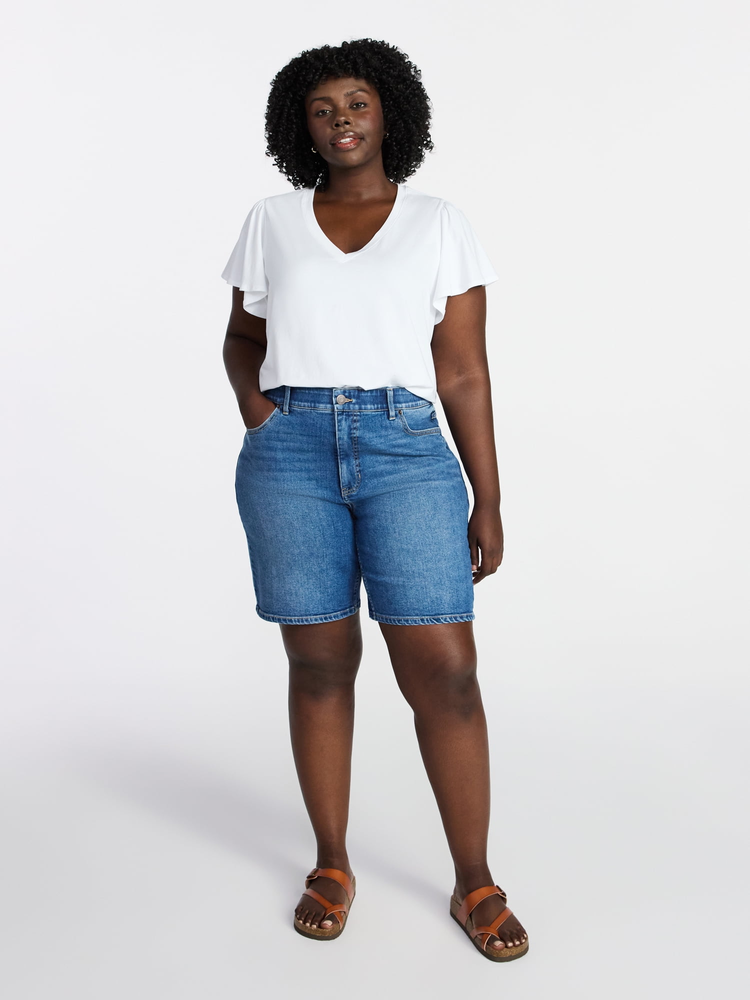 Terra & Sky Women's Plus Size V Neck Tee with Short Flutter Sleeves, Size 0X-4X