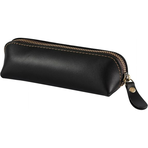 Pen Pouch Pencil Bag Black Leather Pencil Holder Small Portable Zipper Case for Fountain Pen Markers Makeups Change Coins,Gift for Adults Mens Womens (Brown)