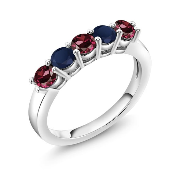 Gem Stone King 925 Sterling Silver Red Rhodolite Garnet and Blue Sapphire 5-Stone Wedding Anniversary Band Ring for Women (1.16 Cttw, Gemstone January Birthstone, Size 5)
