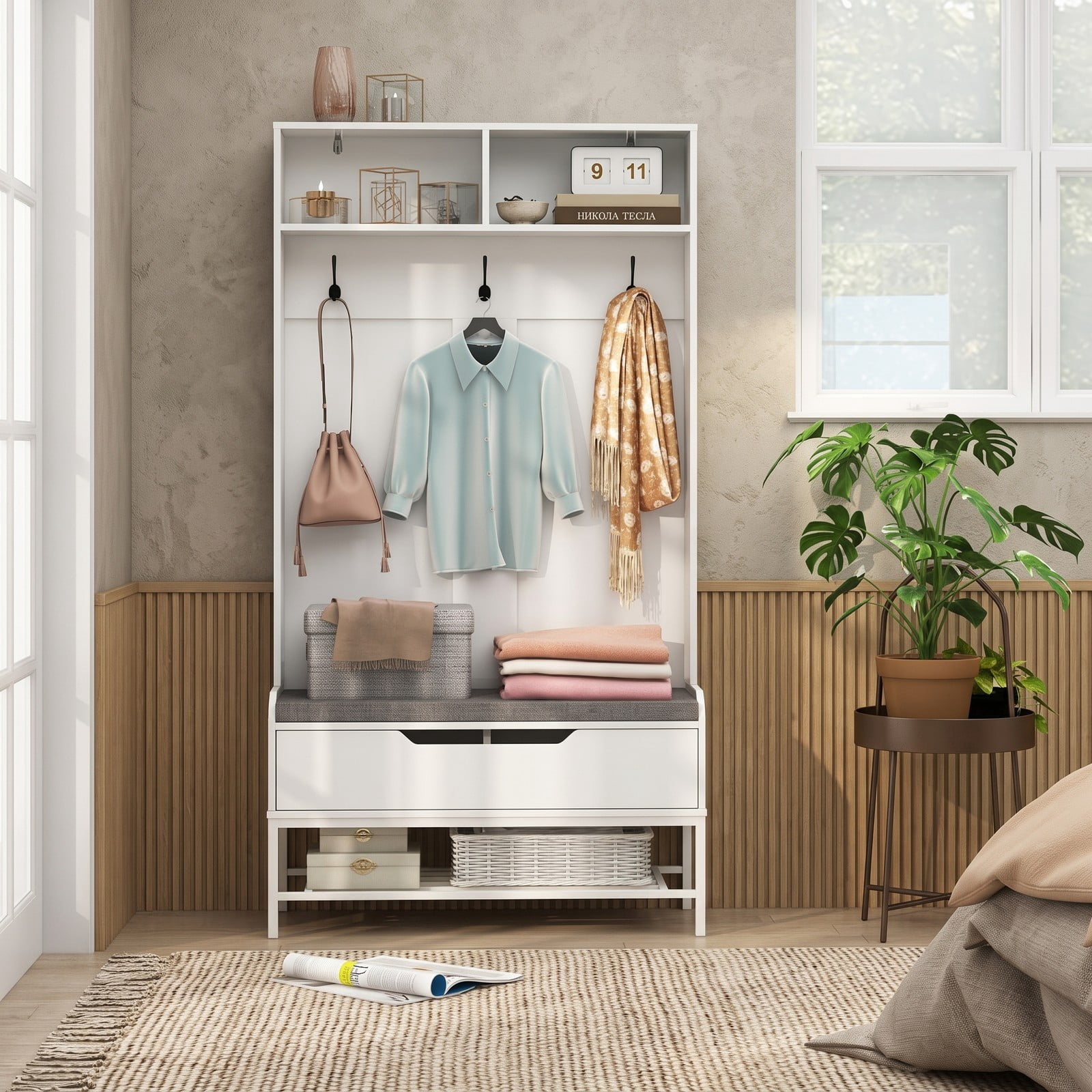 Furnibear 69 Inch Tall Hall Tree 4 in 1 Coat Rack with Cushioned Storage Bench 3 Hooks and Shoe Rack for Entryway, White