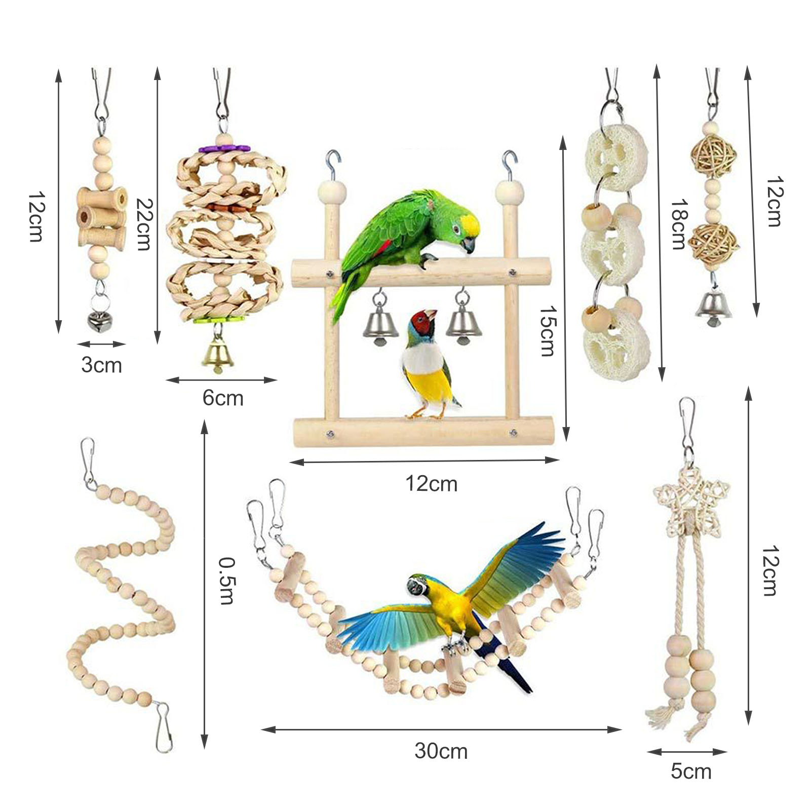 8Pcs/Set Bird Swing Toy, Natural Wooden Beads Ball Bell Stable Safe Anti  Bite Cage Hanging Chewing Toy Home Garden Decoration for Parakeets Conures  Macaws Parrots Love Birds Finches - Walmart.com